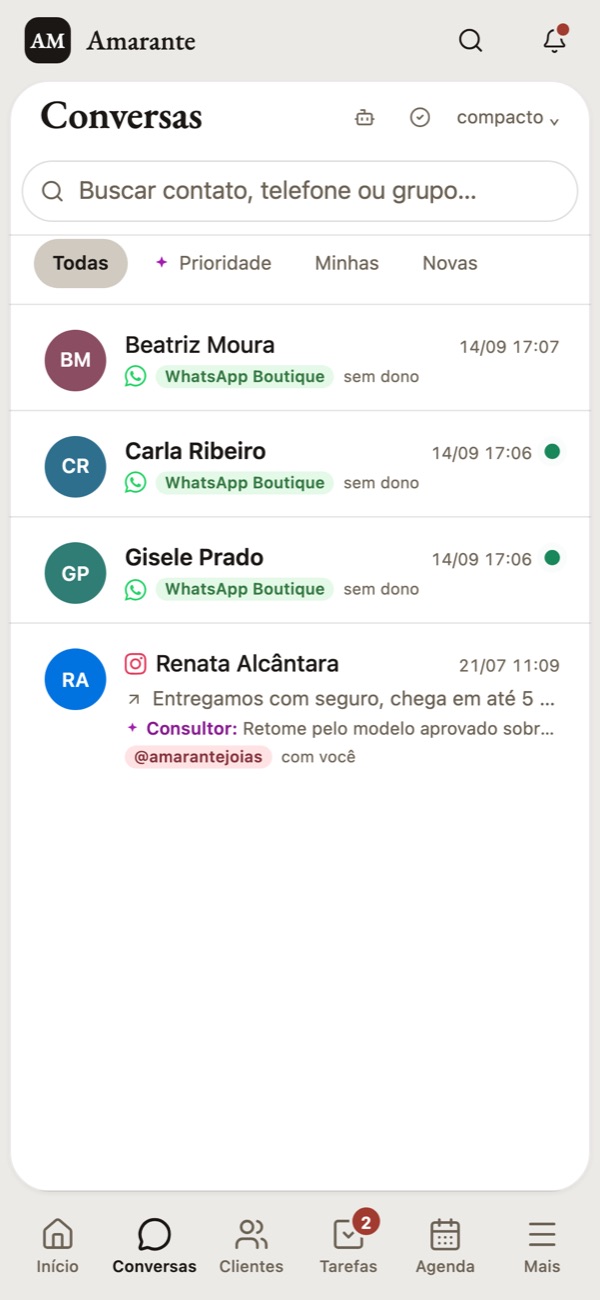 A caixa de conversas no celular