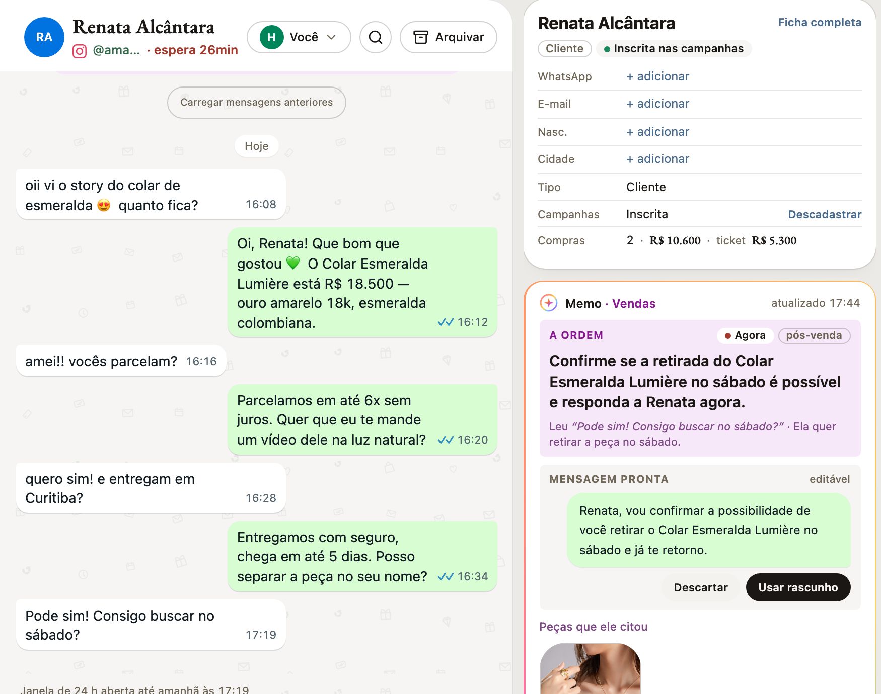 Conversa do Instagram no Aurex com a próxima ação do Memo ao lado