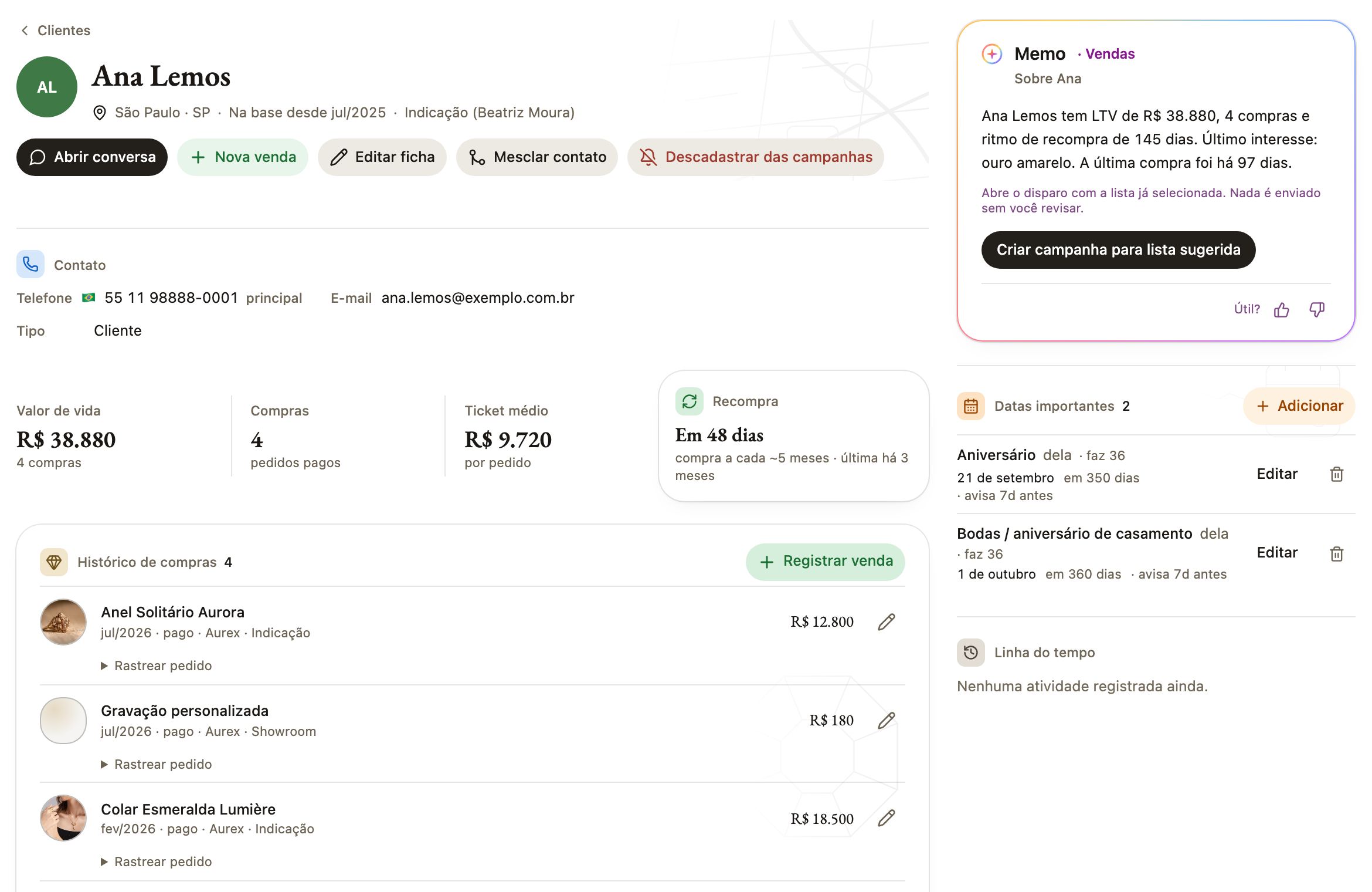 O que o Memo sabe de cada cliente, na ficha: ritmo de recompra e último interesse.